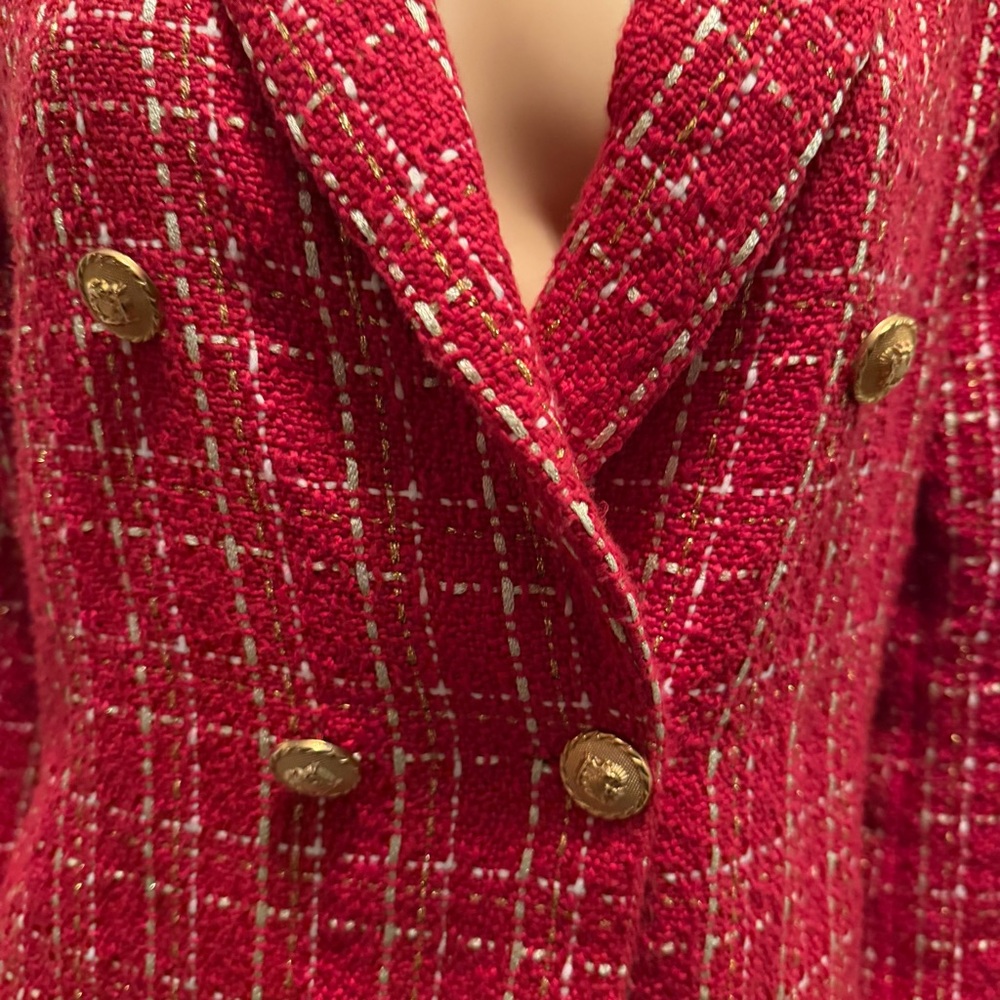 Red Tweed Plaid Double-Breasted Blazer Women’s Size L Old Money - Picture 8 of 16